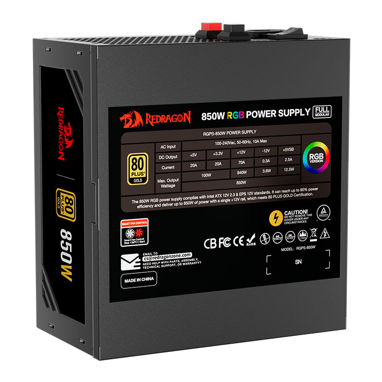 Fonte Redragon Power Supply RGB, 850W, Full-Modular, 80 Plus Gold, Preto, GC-PS007-1 - miniatura 8