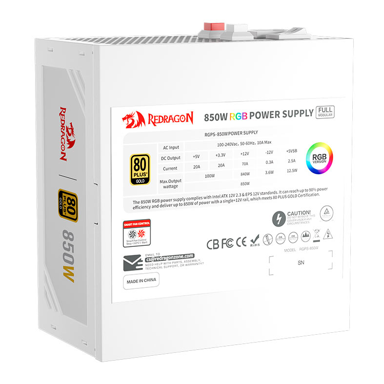 Fonte Redragon GC-PS007W-1 V2, RGB, 850W, Full-Modular, 80 Plus Gold, Brando, GC-PS007W-1-V2 - miniatura 8