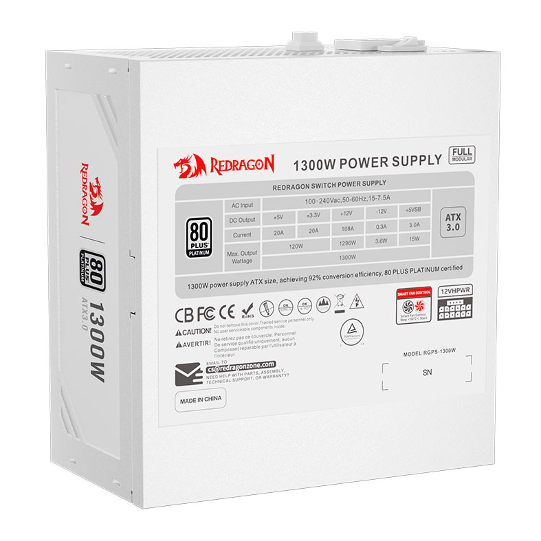 Fonte Redragon Power Supply, 1300W, Full-Modular, 80 Plus Platinum, Branco, GC-PS018W - miniatura 6