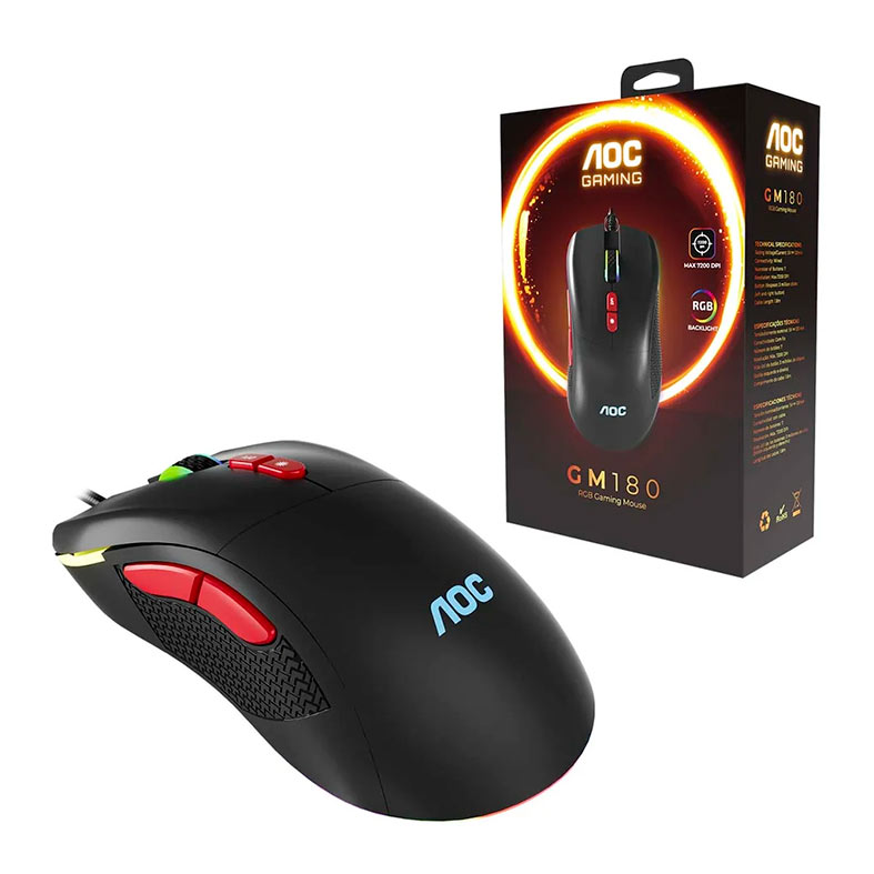 Mouse Gamer AOC GM180, RGB, 7200DPI, 7 Botoes, Preto, GM180-BK - miniatura 5