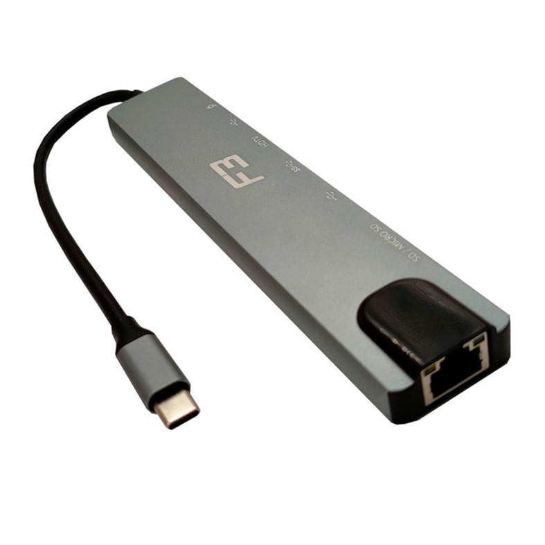 Hub F3 8 em 1, HDMIm Type-C, USB 3.0, USB 2.0, Micro SD, Lan, Cinza, JC-TYC-860 - miniatura 3