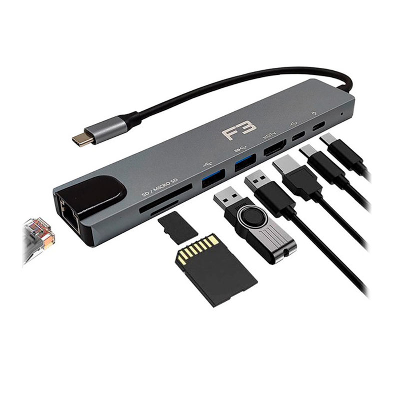 Hub F3 8 em 1, HDMIm Type-C, USB 3.0, USB 2.0, Micro SD, Lan, Cinza, JC-TYC-860 - miniatura 4
