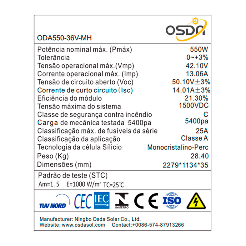 Painel Solar Fotovoltaico Osda, 550W, 2279x1134x35mm, ODA550-36-MH - miniatura 7