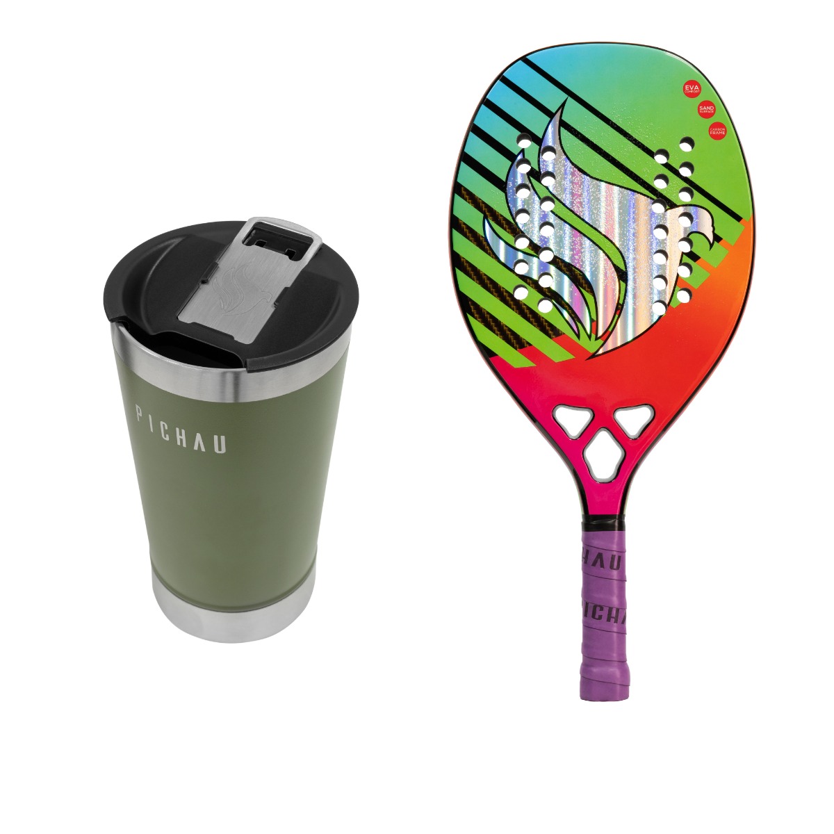Kit Copo Térmico Pichau, Verde + Raquete Beach Tennis, 18K Carbon - imagem 1