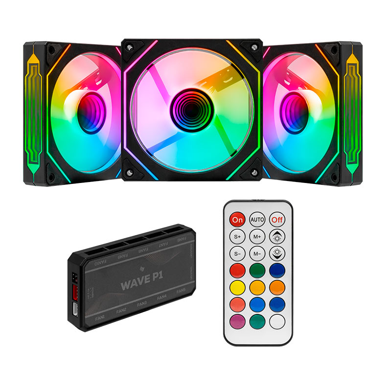 Kit Ventoinhas Pichau Wave P1, ARGB, 3x120mm, Preto, PG-WPRGB-BK01 - imagem 1