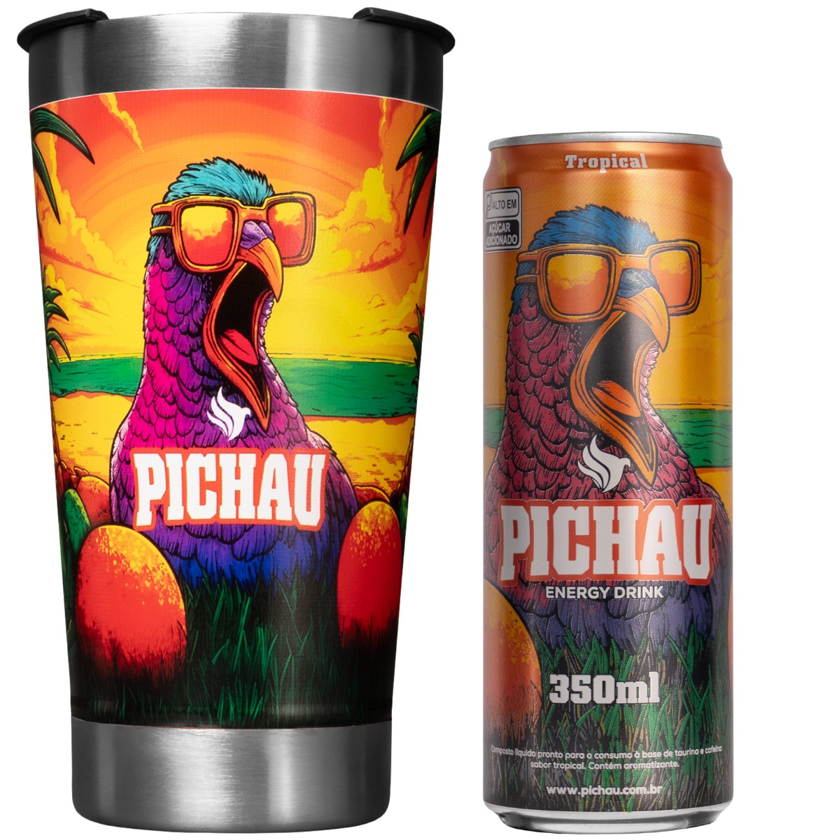 KIT COPO TÉRMICO PICHAU TROPICAL 473ml + Energético Pichau Tropical, 350ml, PCH-ENG-HHR100-TRP