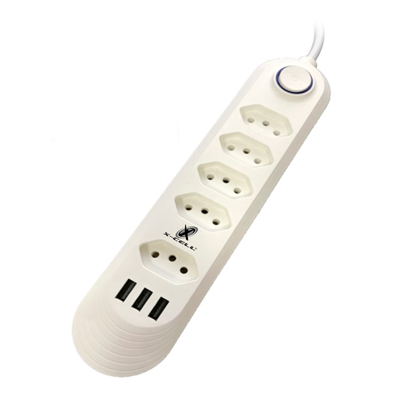 Filtro de Linha X-Cell, 5 Tomadas, 3 Portas USB, Com Interruptor, Branco, XC-FL-05 - imagem 1