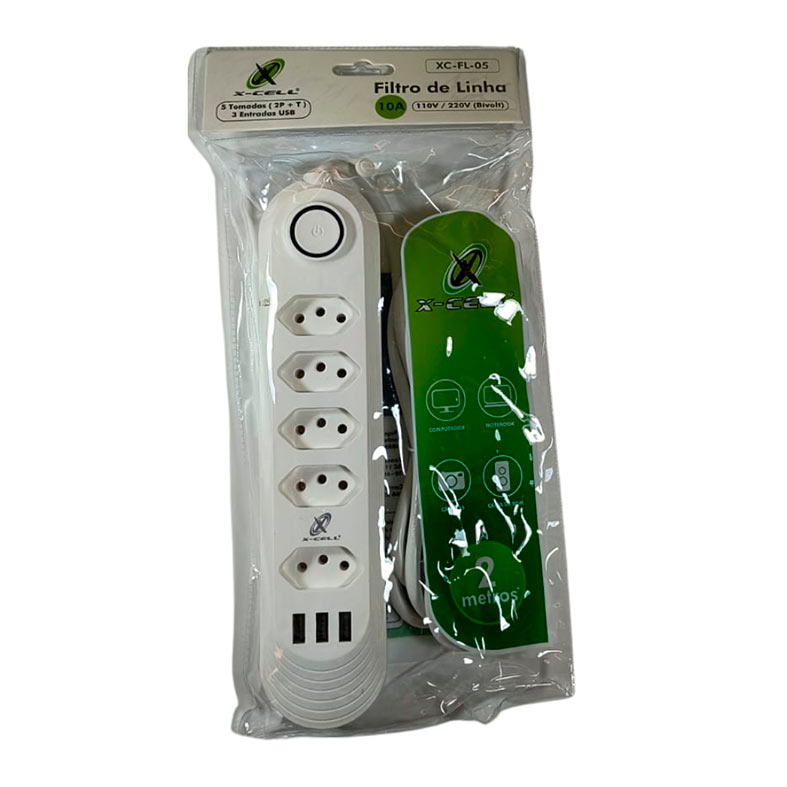 Filtro de Linha X-Cell, 5 Tomadas, 3 Portas USB, Com Interruptor, Branco, XC-FL-05 - miniatura 3