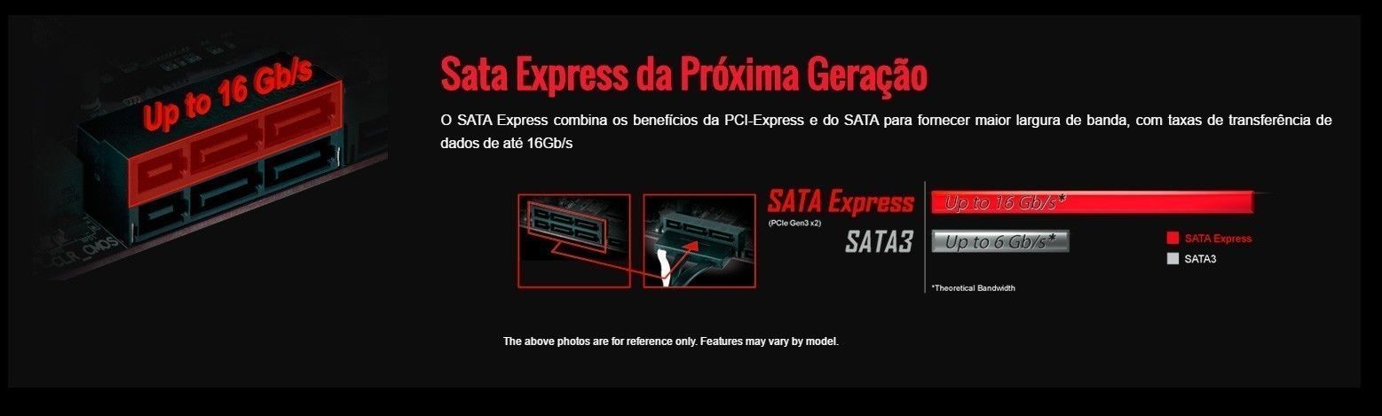 Sata Express da Próxima Geração
O SATA Express combina os benefícios da PCI-Express e do SATA para fornecer maior largura de banda, com taxas de transferência de dados de até 16Gb/s